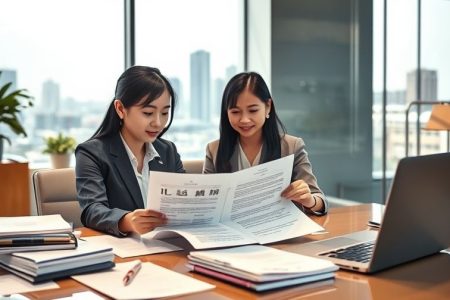 A Brightly Lit Modern Office A Young Chinese Woman In Business Attire Sits At A Desk Reviewing A.jpg