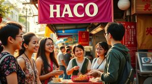 a diverse group of cheerful foreign students confidently ordering street food from a friendly vendor.jpg