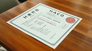 a realistic eye level close up of an authentic japanese divorce certificate on a sleek wooden table.jpg
