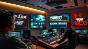 a realistic wide angle shot of a modern high tech video translation studio in the foreground a tr.jpg