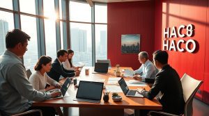 a realistic wide shot of a contemporary well lit office interior bustling with diverse professionals.jpg
