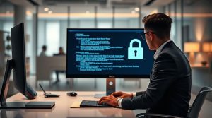 a sleek modern corporate office interior focus on a professional translator wearing business atti.jpg