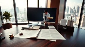 a sophisticated brightly lit office interior 169 aspect ratio a polished wooden desk fills the f.jpg